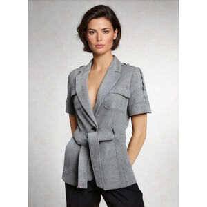 Calvin Klein Blazer Size 6 Gray Short Sleeve Belted Military Preppy Linen Blend